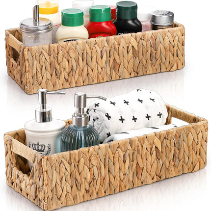 2 Pack Wicker Storage Baskets, Water Hyacinth Holder for Toilet Paper, Rectangular Natural Bins with Built-in Handles, Handwoven Organizer Bathroom Kitchen Pantry Tank Top, Sizes.