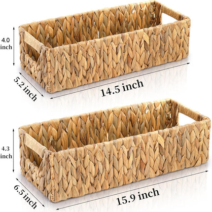 2 Pack Wicker Storage Baskets, Water Hyacinth Holder for Toilet Paper, Rectangular Natural Bins with Built-in Handles, Handwoven Organizer Bathroom Kitchen Pantry Tank Top, Sizes.