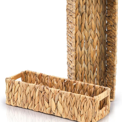 2 Pack Wicker Storage Baskets, Water Hyacinth Holder for Toilet Paper, Rectangular Natural Bins with Built-in Handles, Handwoven Organizer Bathroom Kitchen Pantry Tank Top, Sizes.