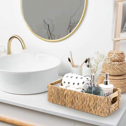 2 Pack Wicker Storage Baskets, Water Hyacinth Holder for Toilet Paper, Rectangular Natural Bins with Built-in Handles, Handwoven Organizer Bathroom Kitchen Pantry Tank Top, Sizes.