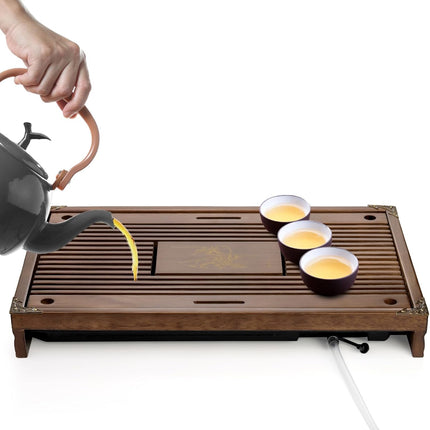 Wooden Tea Tray, 17 Inch Chinese Kung Fu Gongfu Table with Water Storage Box, Household Filter Serving Tray Gift Set for Home, Office, Bar.
