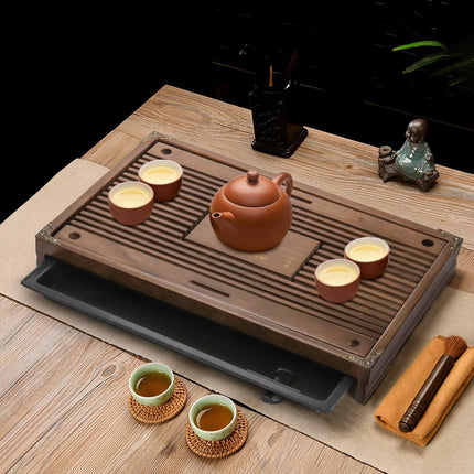 Wooden Tea Tray, 17 Inch Chinese Kung Fu Gongfu Table with Water Storage Box, Household Filter Serving Tray Gift Set for Home, Office, Bar.