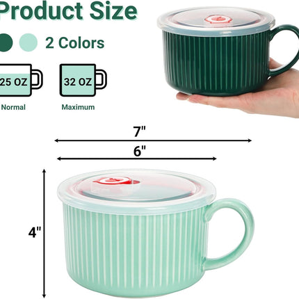 2 Packs Ceramic Soup Bowls with Handles, 32 OZ Microwave Safe Mug Vented Lid, Leak-proof French Onion Bowls, Large Crocks for Ramen, Noodle, Cereal.