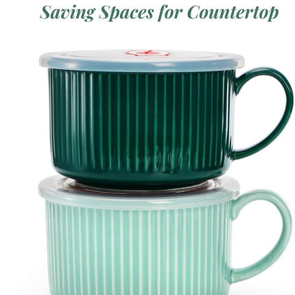 2 Packs Ceramic Soup Bowls with Handles, 32 OZ Microwave Safe Mug Vented Lid, Leak-proof French Onion Bowls, Large Crocks for Ramen, Noodle, Cereal.