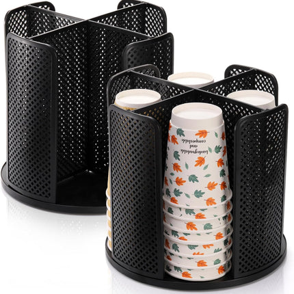 2 Pack Coffee Cup Dispenser, Rotatable 4 Compartment and Lid Holder, Plastic Paper Storage Organizer for Office Restaurant Breakroom Station Bar Buffet Kitchen Countertop.