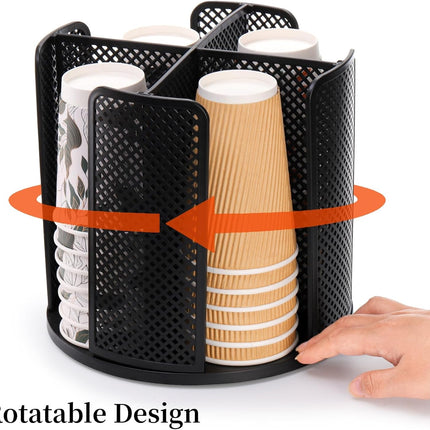 2 Pack Coffee Cup Dispenser, Rotatable 4 Compartment and Lid Holder, Plastic Paper Storage Organizer for Office Restaurant Breakroom Station Bar Buffet Kitchen Countertop.