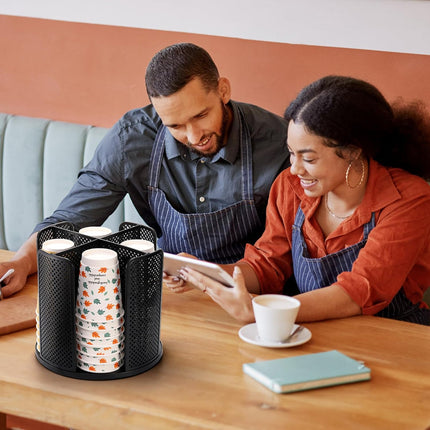 2 Pack Coffee Cup Dispenser, Rotatable 4 Compartment and Lid Holder, Plastic Paper Storage Organizer for Office Restaurant Breakroom Station Bar Buffet Kitchen Countertop.