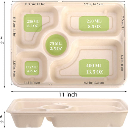 50 Pack 5 Compartment Disposable Paper Plates, 11" x 8" Compostable Bagasse School Lunch Tray, Heavy-Duty Sectional Sugarcane Plate, Divided Platter Tray for Buffet Party, Microwave Safe.