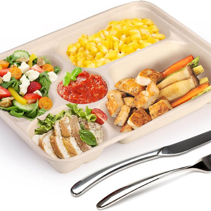50 Pack 5 Compartment Disposable Paper Plates, 11" x 8" Compostable Bagasse School Lunch Tray, Heavy-Duty Sectional Sugarcane Plate, Divided Platter Tray for Buffet Party, Microwave Safe.