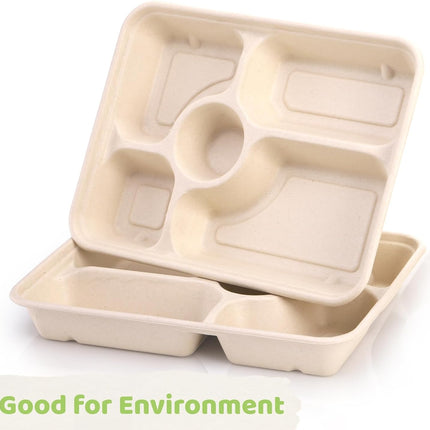 50 Pack 5 Compartment Disposable Paper Plates, 11" x 8" Compostable Bagasse School Lunch Tray, Heavy-Duty Sectional Sugarcane Plate, Divided Platter Tray for Buffet Party, Microwave Safe.