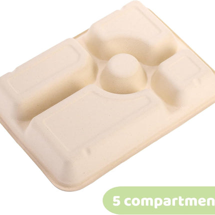 50 Pack 5 Compartment Disposable Paper Plates, 11" x 8" Compostable Bagasse School Lunch Tray, Heavy-Duty Sectional Sugarcane Plate, Divided Platter Tray for Buffet Party, Microwave Safe.