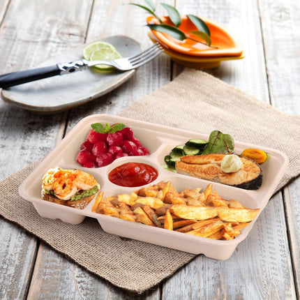 50 Pack 5 Compartment Disposable Paper Plates, 11" x 8" Compostable Bagasse School Lunch Tray, Heavy-Duty Sectional Sugarcane Plate, Divided Platter Tray for Buffet Party, Microwave Safe.