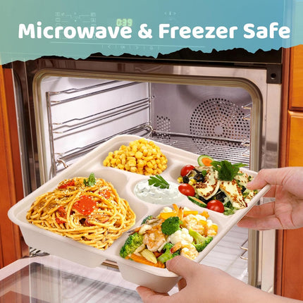 50 Pack 5 Compartment Disposable Paper Plates, 11" x 8" Compostable Bagasse School Lunch Tray, Heavy-Duty Sectional Sugarcane Plate, Divided Platter Tray for Buffet Party, Microwave Safe.