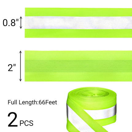 2 Rolls 2" x 66ft Reflective Ribbon, High Visibility Tape Strip, Sew On Safety Fabric Material, Silver Florescent Warning Strip Webbing for Walking Cycling Clothes Backpacks at Night.