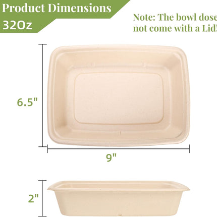 100 Pack 32 oz Rectangle Paper Bowls, 9" Disposable Large Salad Bowl, Microwavable Bagasse Lunch Plate for School, Heavy Duty Food Catering Container Burrito Baked Potato Taco Nacho Party.