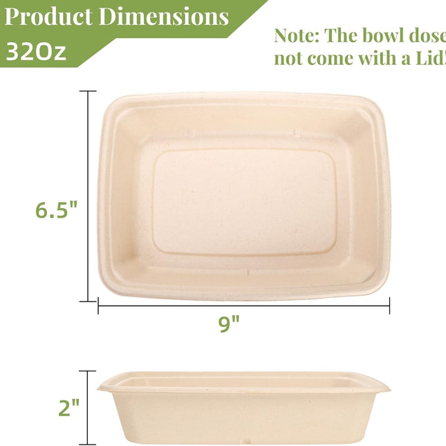 100 Pack 32 oz Rectangle Paper Bowls, 9" Disposable Large Salad Bowl, Microwavable Bagasse Lunch Plate for School, Heavy Duty Food Catering Container Burrito Baked Potato Taco Nacho Party.
