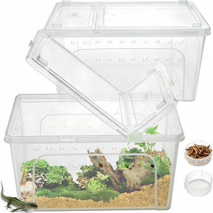 2 Pack Reptile Feeding Box, 12.6"x8.7"x6" Transparent Snake Enclosure Terrarium, Plastic Spider Habitat Cage with Bowl, Small Hatching Container Ventilated Lid for Lizard Frog.