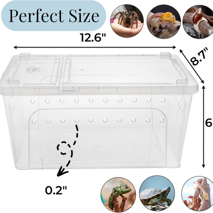 2 Pack Reptile Feeding Box, 12.6"x8.7"x6" Transparent Snake Enclosure Terrarium, Plastic Spider Habitat Cage with Bowl, Small Hatching Container Ventilated Lid for Lizard Frog.