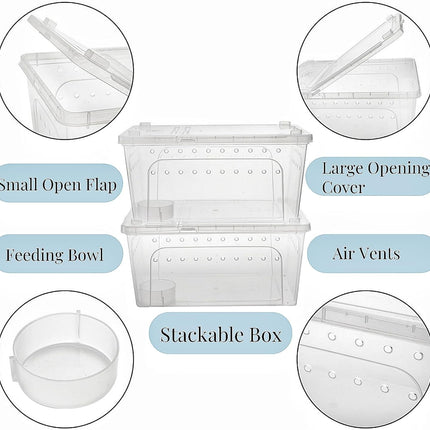 2 Pack Reptile Feeding Box, 12.6"x8.7"x6" Transparent Snake Enclosure Terrarium, Plastic Spider Habitat Cage with Bowl, Small Hatching Container Ventilated Lid for Lizard Frog.