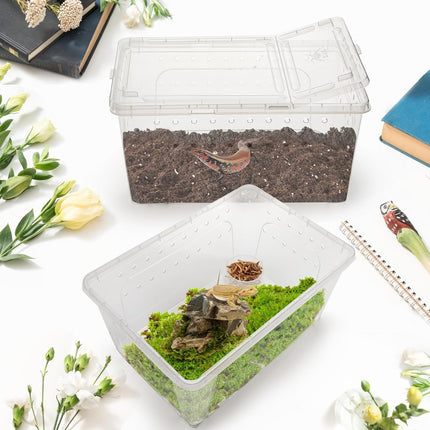 2 Pack Reptile Feeding Box, 12.6"x8.7"x6" Transparent Snake Enclosure Terrarium, Plastic Spider Habitat Cage with Bowl, Small Hatching Container Ventilated Lid for Lizard Frog.