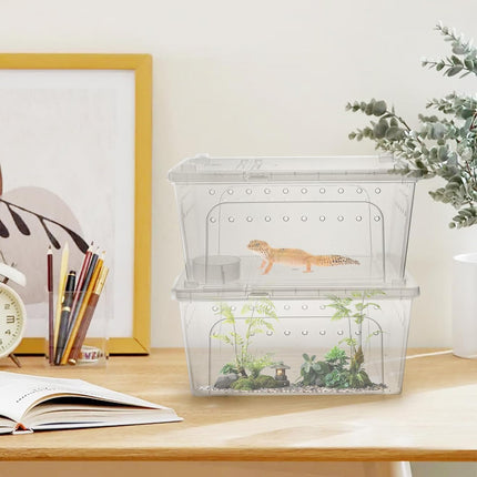 2 Pack Reptile Feeding Box, 12.6"x8.7"x6" Transparent Snake Enclosure Terrarium, Plastic Spider Habitat Cage with Bowl, Small Hatching Container Ventilated Lid for Lizard Frog.