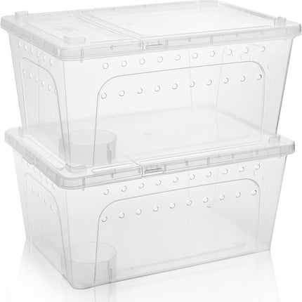 2 Pack Reptile Feeding Box, 12.6"x8.7"x6" Transparent Snake Enclosure Terrarium, Plastic Spider Habitat Cage with Bowl, Small Hatching Container Ventilated Lid for Lizard Frog.