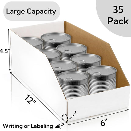 35 Pack Cardboard Storage Bins, 12" x 6" 4.5" Corrugated Open Top Box, White Pantry Shelf Organizer Bins for Parts Snacks, Ideal Garage Warehouse Home Packing Moving, Easy Assembly.