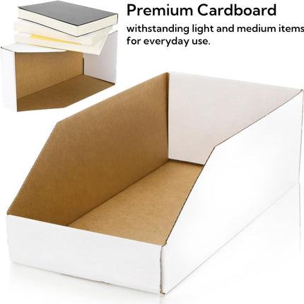35 Pack Cardboard Storage Bins, 12" x 6" 4.5" Corrugated Open Top Box, White Pantry Shelf Organizer Bins for Parts Snacks, Ideal Garage Warehouse Home Packing Moving, Easy Assembly.