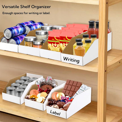 35 Pack Cardboard Storage Bins, 12" x 6" 4.5" Corrugated Open Top Box, White Pantry Shelf Organizer Bins for Parts Snacks, Ideal Garage Warehouse Home Packing Moving, Easy Assembly.