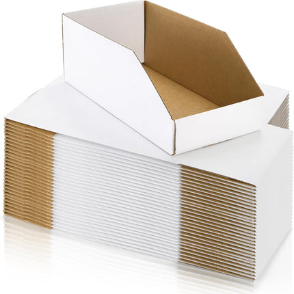 35 Pack Cardboard Storage Bins, 12" x 6" 4.5" Corrugated Open Top Box, White Pantry Shelf Organizer Bins for Parts Snacks, Ideal Garage Warehouse Home Packing Moving, Easy Assembly.