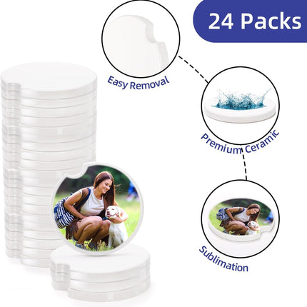24 Packs Ceramic Sublimation Car Coasters, Blanks Cupholders with Finger Notch for Easy Removal, Absorbent Auto Cup Holders Keep Vehicle Free from Cold Drink Sweat Stain Spill.
