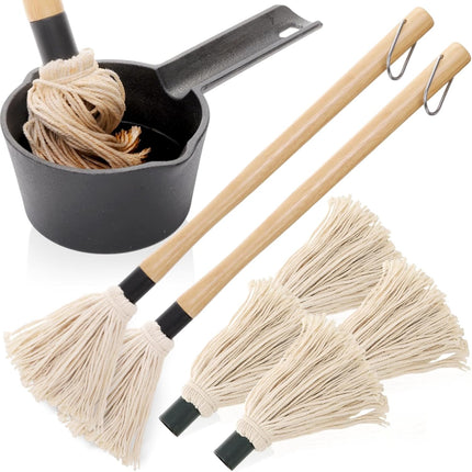 Cast Iron Sauce Pot and BBQ Mop Brush Set for Grilling, 7 Pcs Barbecue Accessories Include Basting Melting Saucepan, Wooden with 4 Replacements Meat Smoker, Grill, Stove.
