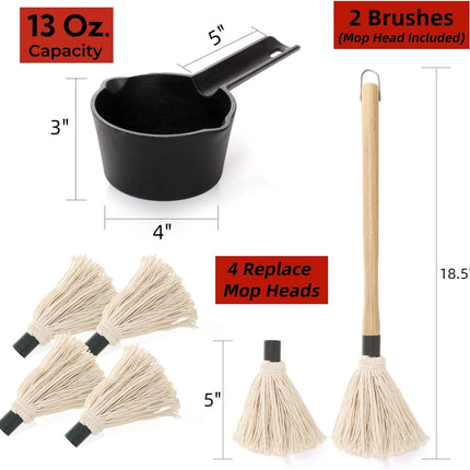 Cast Iron Sauce Pot and BBQ Mop Brush Set for Grilling, 7 Pcs Barbecue Accessories Include Basting Melting Saucepan, Wooden with 4 Replacements Meat Smoker, Grill, Stove.