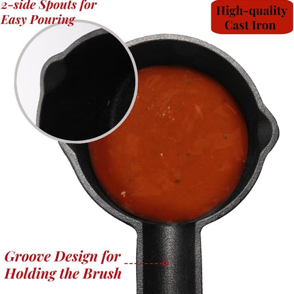Cast Iron Sauce Pot and BBQ Mop Brush Set for Grilling, 7 Pcs Barbecue Accessories Include Basting Melting Saucepan, Wooden with 4 Replacements Meat Smoker, Grill, Stove.