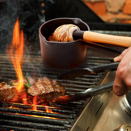 Cast Iron Sauce Pot and BBQ Mop Brush Set for Grilling, 7 Pcs Barbecue Accessories Include Basting Melting Saucepan, Wooden with 4 Replacements Meat Smoker, Grill, Stove.