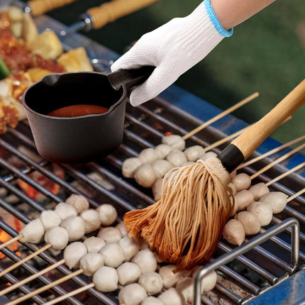 Cast Iron Sauce Pot and BBQ Mop Brush Set for Grilling, 7 Pcs Barbecue Accessories Include Basting Melting Saucepan, Wooden with 4 Replacements Meat Smoker, Grill, Stove.