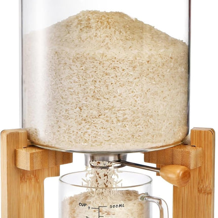 5L Glass Rice Dispenser, Cereal Container with Bamboo Stand, Large Airtight Food Storage Bin, Organization Tank Measuring Cup for Grain Coffee Beans Dry.