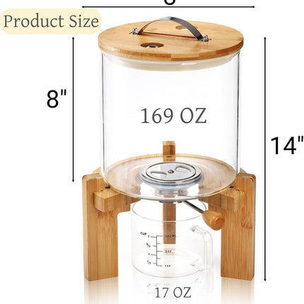 5L Glass Rice Dispenser, Cereal Container with Bamboo Stand, Large Airtight Food Storage Bin, Organization Tank Measuring Cup for Grain Coffee Beans Dry.