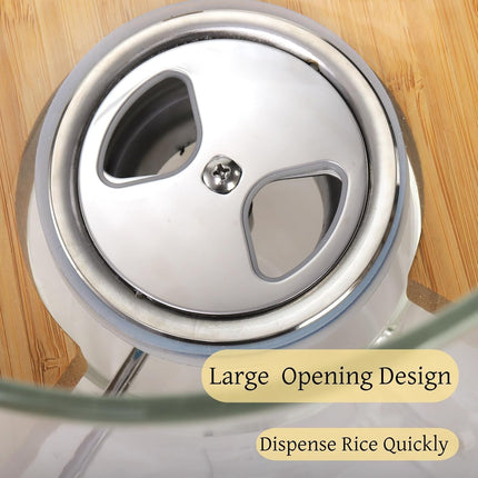 5L Glass Rice Dispenser, Cereal Container with Bamboo Stand, Large Airtight Food Storage Bin, Organization Tank Measuring Cup for Grain Coffee Beans Dry.