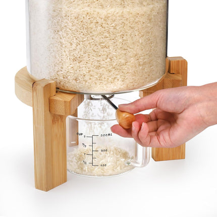 5L Glass Rice Dispenser, Cereal Container with Bamboo Stand, Large Airtight Food Storage Bin, Organization Tank Measuring Cup for Grain Coffee Beans Dry.