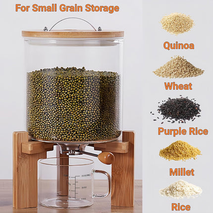 5L Glass Rice Dispenser, Cereal Container with Bamboo Stand, Large Airtight Food Storage Bin, Organization Tank Measuring Cup for Grain Coffee Beans Dry.