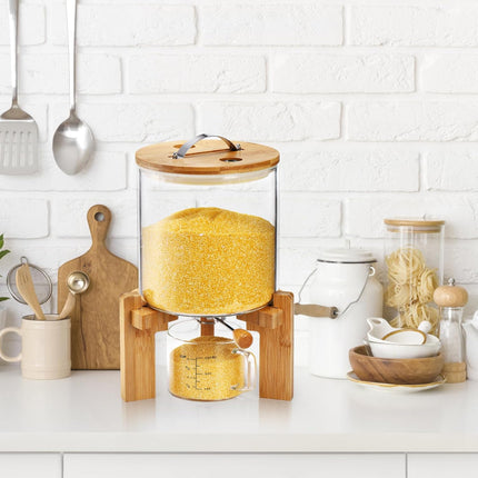 5L Glass Rice Dispenser, Cereal Container with Bamboo Stand, Large Airtight Food Storage Bin, Organization Tank Measuring Cup for Grain Coffee Beans Dry.