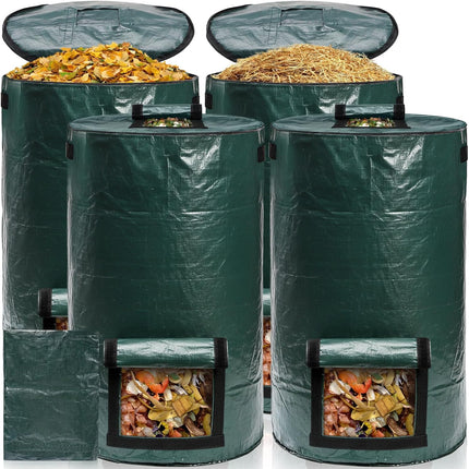 4 Pack 34 Gallons Reusable Yard Waste Bags, Leaf Lawn Collector Containers with Lid and Handles, Heavy Duty Collapsible Compost Bins Bottom Window for Outdoor Debris Wet Leaves Grass.