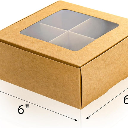 40 Pack Brown Bakery Boxes with Window and Dividers, 6 x Inch Mini Pastry 4 Compartments, Kraft Treats Gift Inserts, Cupcake Packaging Containers for Pastries Biscuits.