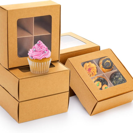 40 Pack Brown Bakery Boxes with Window and Dividers, 6 x Inch Mini Pastry 4 Compartments, Kraft Treats Gift Inserts, Cupcake Packaging Containers for Pastries Biscuits.