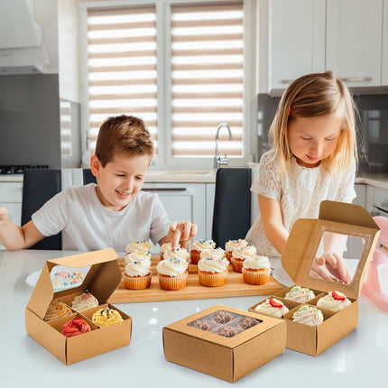 40 Pack Brown Bakery Boxes with Window and Dividers, 6 x Inch Mini Pastry 4 Compartments, Kraft Treats Gift Inserts, Cupcake Packaging Containers for Pastries Biscuits.