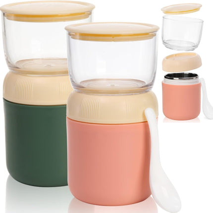 2 Pack Insulated Yogurt Container, 24oz Breakfast On the Go Cup with Plastic Topping Cereal Oatmeal Cup, 2-in-1 Food Storage Jar Lid and Spoon, Overnight Oats Container for Soup Lunch.