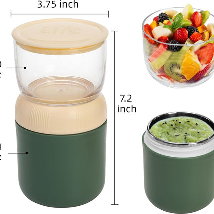 2 Pack Insulated Yogurt Container, 24oz Breakfast On the Go Cup with Plastic Topping Cereal Oatmeal Cup, 2-in-1 Food Storage Jar Lid and Spoon, Overnight Oats Container for Soup Lunch.