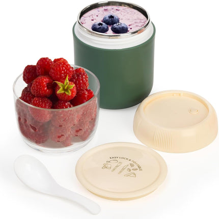 2 Pack Insulated Yogurt Container, 24oz Breakfast On the Go Cup with Plastic Topping Cereal Oatmeal Cup, 2-in-1 Food Storage Jar Lid and Spoon, Overnight Oats Container for Soup Lunch.