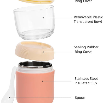2 Pack Insulated Yogurt Container, 24oz Breakfast On the Go Cup with Plastic Topping Cereal Oatmeal Cup, 2-in-1 Food Storage Jar Lid and Spoon, Overnight Oats Container for Soup Lunch.